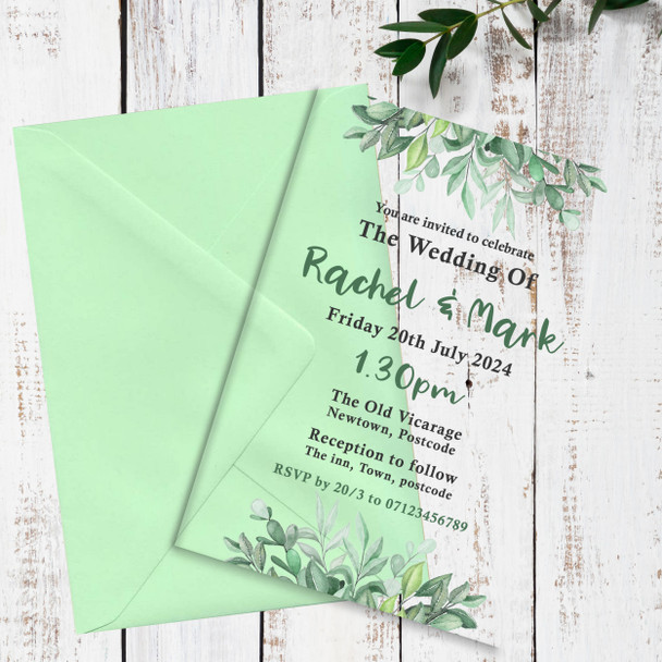 Green Leaves Leaf Acrylic Clear Transparent Luxury Wedding Invitations Invites