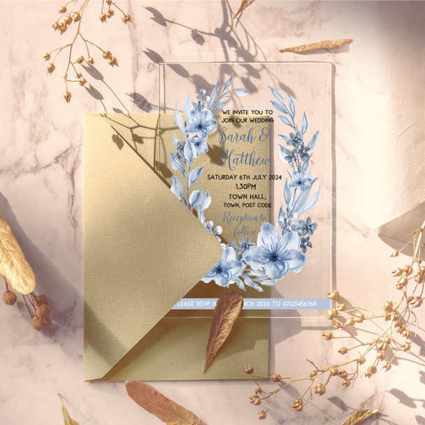 Blue Flower Wreath Acrylic Clear Transparent Luxury Wedding Invitations Invites