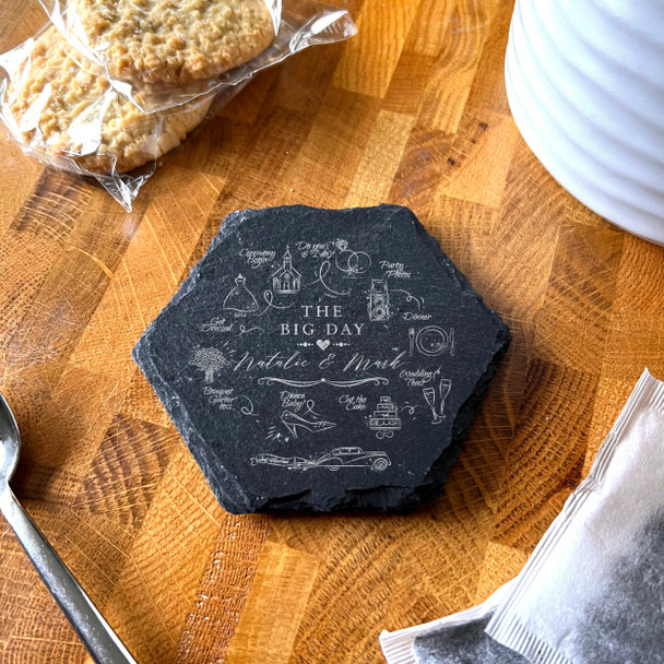 Hexagon Slate The Big Day Wedding Timeline Icons Love Gift Personalised Coaster