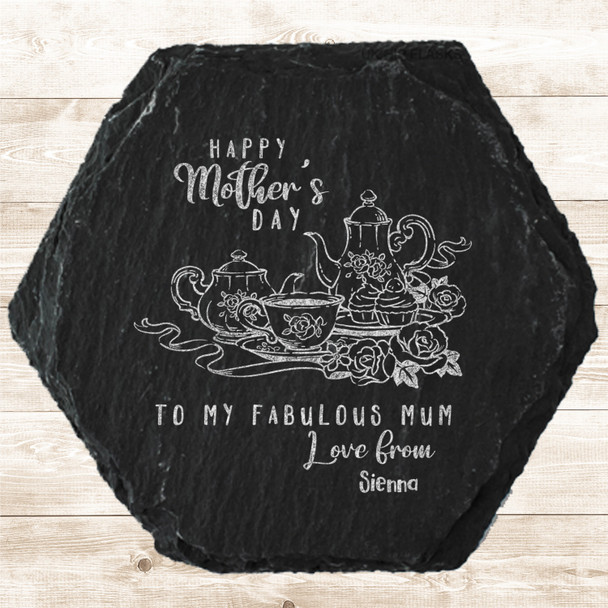 Hexagon Slate Style Teapot Set Mother's Day Gift Personalised Coaster