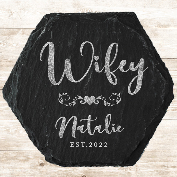 Hexagon Slate Wifey Swirls Heart Wedding Day Newlyweds Gift Personalised Coaster