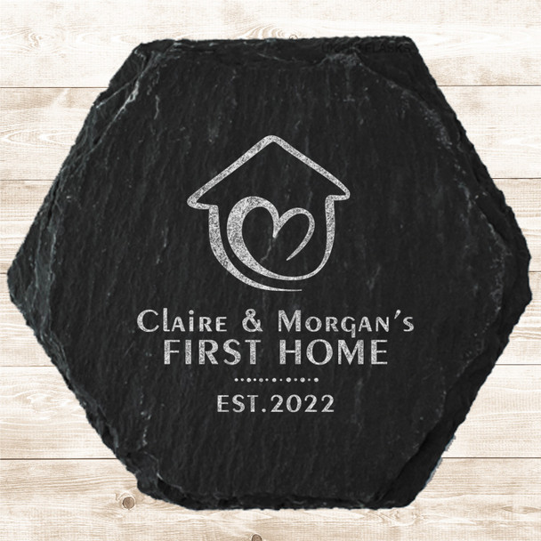 Hexagon Slate Couple Family First New Home Doodle Gift Personalised Coaster