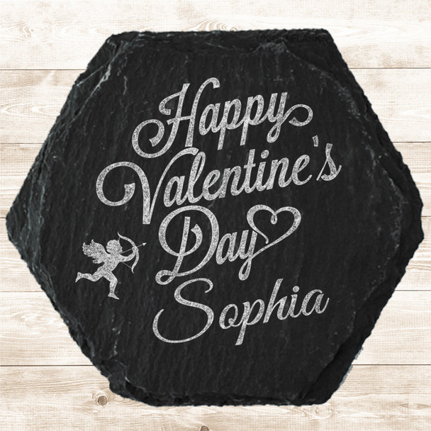 Hexagon Slate Cupid Happy Valentine's Day Romantic Gift Personalised Coaster