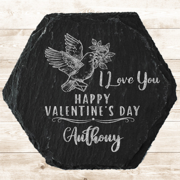 Hexagon Slate Dove Roses Valentine's Love Letter Gift Personalised Coaster