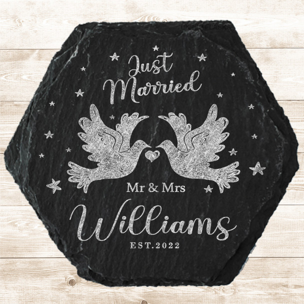 Hexagon Slate Doves Just Married Newlyweds Wedding Day Gift Personalised Coaster