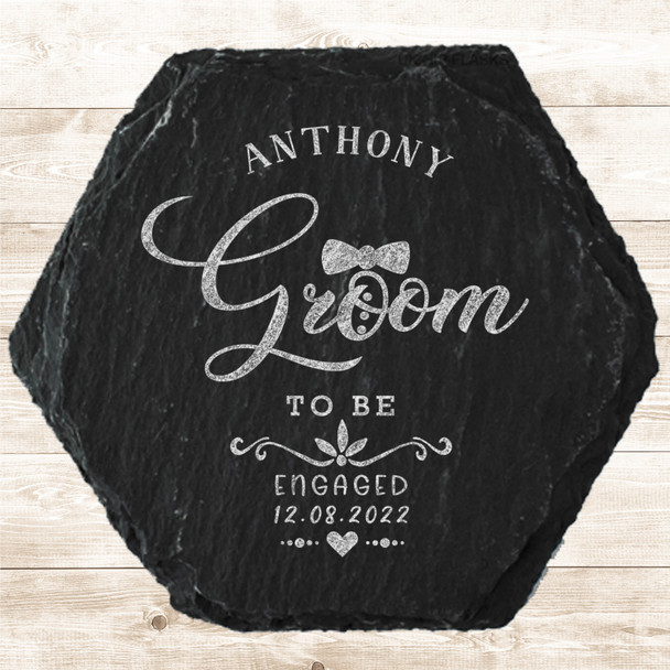 Hexagon Slate Groom To Be Bowtie Engagement Date Gift Personalised Coaster