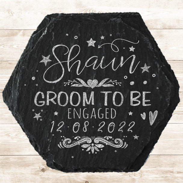 Hexagon Slate Groom To Be Stars Hearts Engagement Date Gift Personalised Coaster