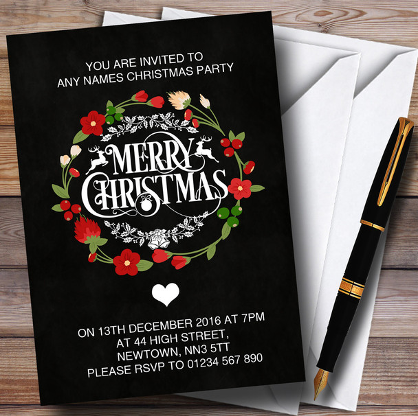 Black Merry Xmas Wreath Customised Christmas Party Invitations