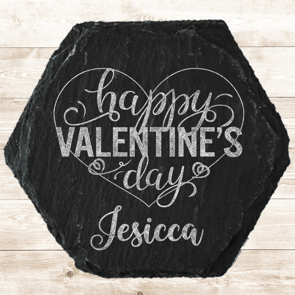 Hexagon Slate Happy Valentine's Day Pretty Lettering Gift Personalised Coaster