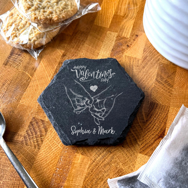 Hexagon Slate Holding Hands Happy Valentine's Day Gift Personalised Coaster