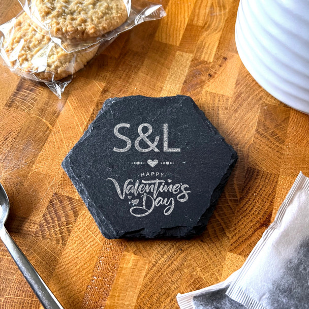 Hexagon Slate Initials Letter Happy Valentine's Day Gift Personalised Coaster