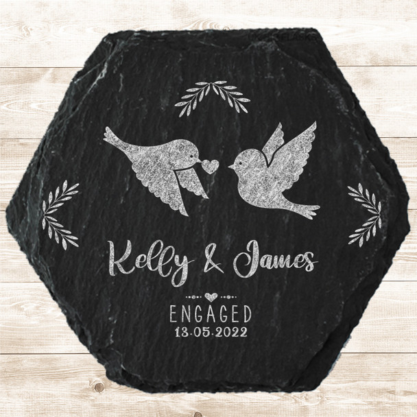 Hexagon Slate Love Birds Heart Leaves Engagement Date Gift Personalised Coaster