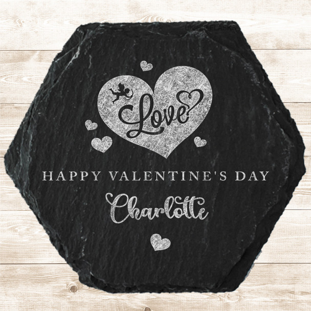 Hexagon Slate Love Cupid Hearts Happy Valentine's Day Gift Personalised Coaster