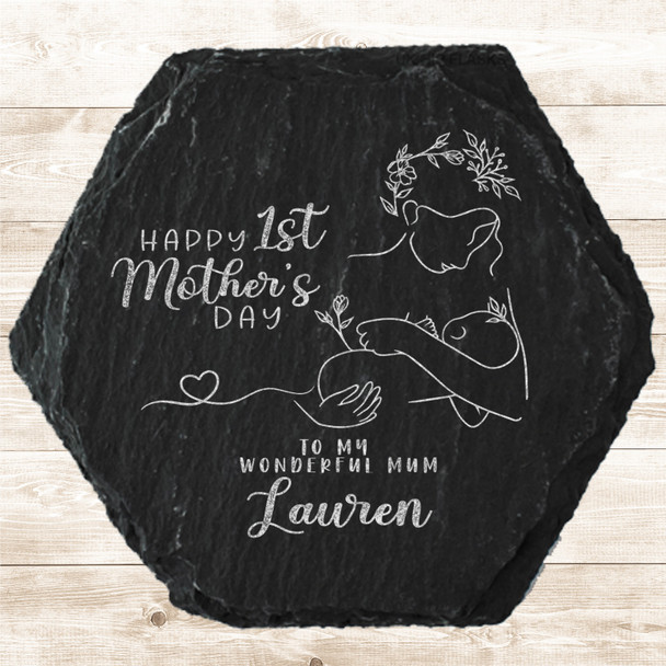 Hexagon Slate Mum Baby Happy First Mother's Day Gift Personalised Coaster