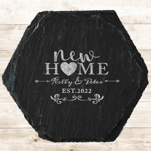 Hexagon Slate New Home Couple Pretty Swirls Heart Gift Personalised Coaster