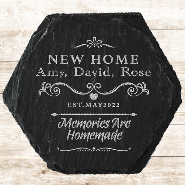 Hexagon Slate New Home Memories Family Names Moving In Gift Personalised Coaster