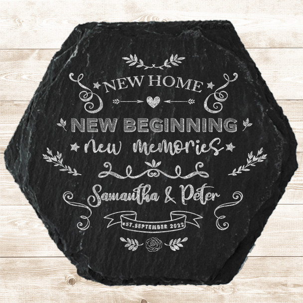 Hexagon Slate New Home New Beginning Memories Couple Gift Personalised Coaster
