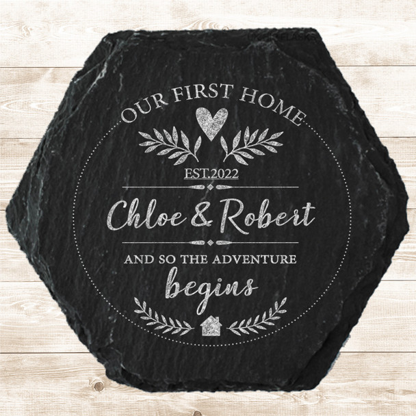 Hexagon Slate Our First New Home Adventure Leaves Gift Personalised Coaster
