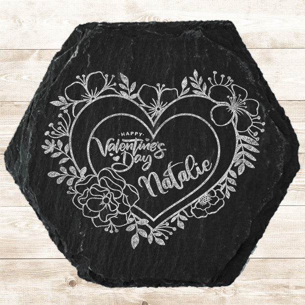 Hexagon Slate Pretty Floral Wreath Happy Valentine's Gift Personalised Coaster