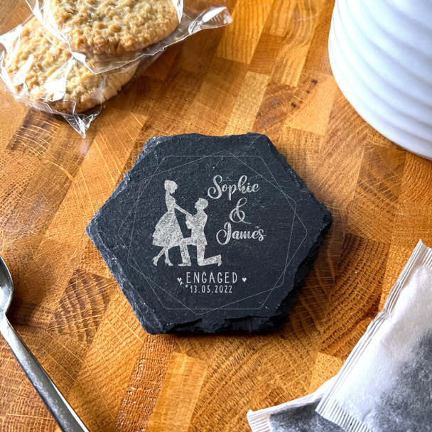 Hexagon Slate Silhouette Proposal Engagement Date Gift Personalised Coaster