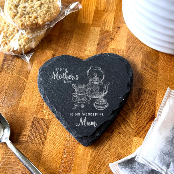 Heart Slate Teapot Cups Cake Mother's Day Mum Gift Personalised Coaster
