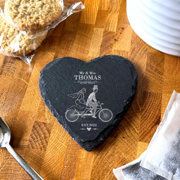 Heart Slate Vintage Bride Groom Tandem Wedding Day Gift Personalised Coaster