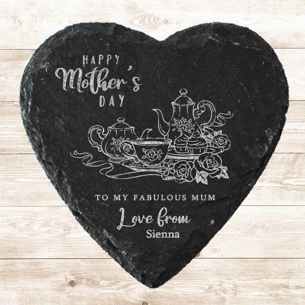 Heart Slate Style Teapot Set Floral Happy Mother's Day Gift Personalised Coaster