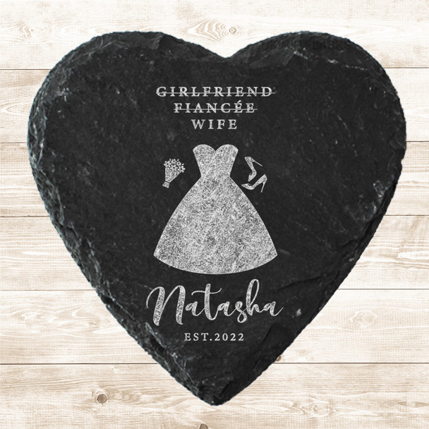 Heart Slate Wife Wedding Day Dress Floral Bouquet Gift Personalised Coaster