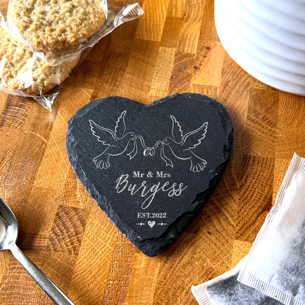 Heart Slate Doves Wedding Day Rings Newlyweds Gift Personalised Coaster