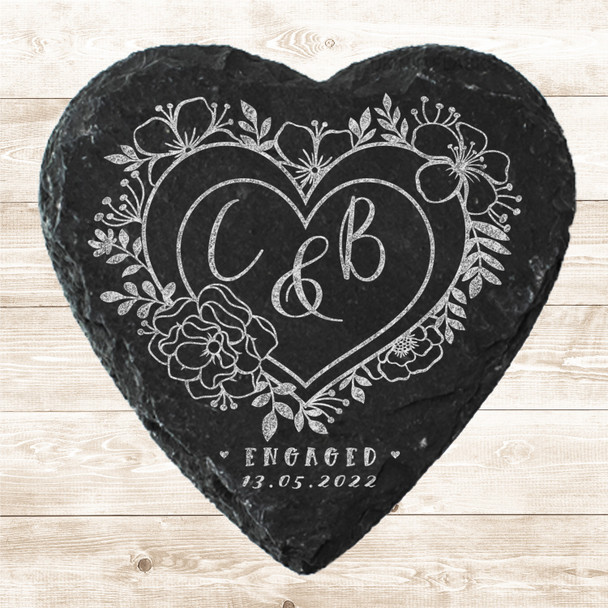 Heart Slate Floral Wreath Engagement Date Initial Name Gift Personalised Coaster