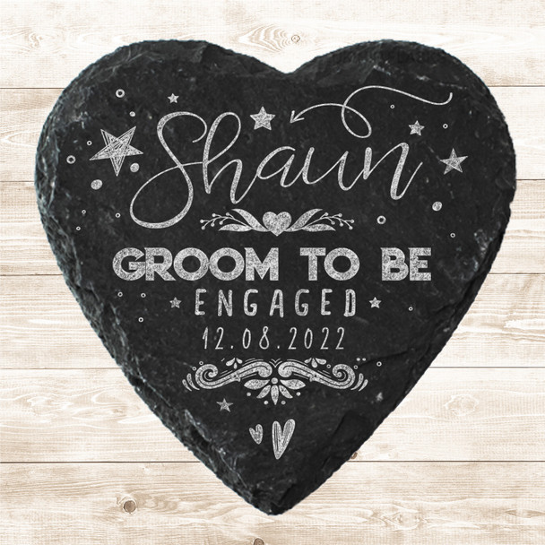 Heart Slate Groom To Be Stars Doodle Engagement Date Gift Personalised Coaster