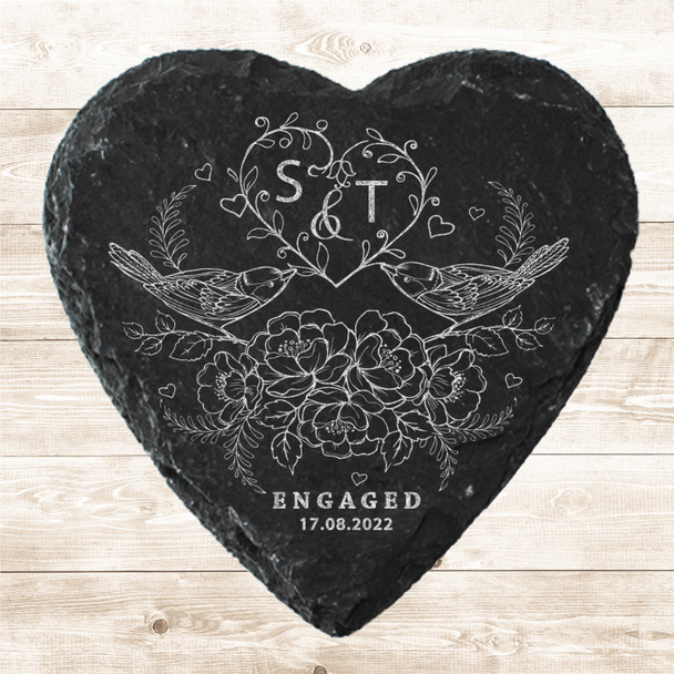 Heart Slate Birds Flowers Initials Engagement Date Gift Personalised Coaster