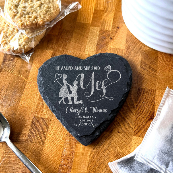 Heart Slate He Asked She Said Yes Engagement Proposal Gift Personalised Coaster