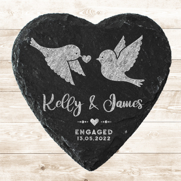 Heart Slate Love Birds Romantic Engagement Date Gift Personalised Coaster