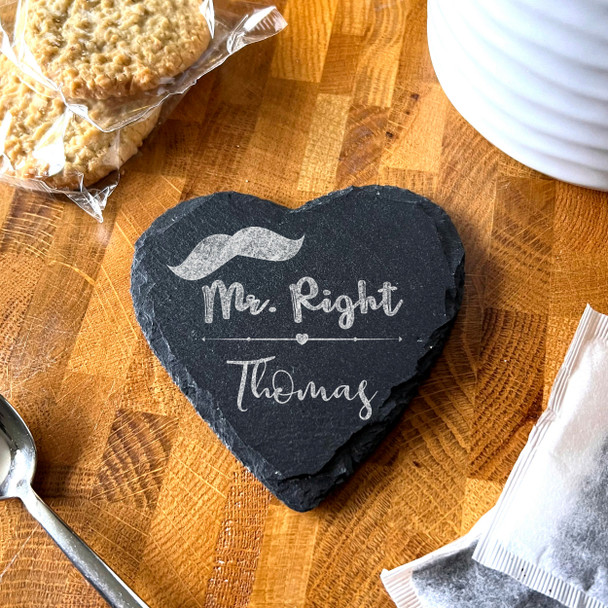 Heart Slate Mr Right Moustache Husband Wedding Day Gift Personalised Coaster