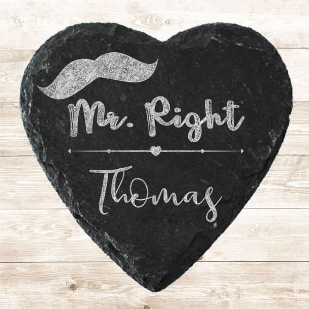 Heart Slate Mr Right Moustache Husband Wedding Day Gift Personalised Coaster