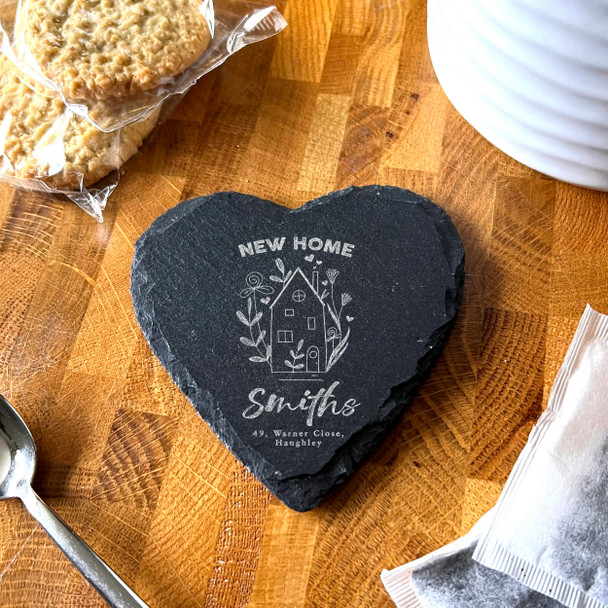 Heart Slate New Home House Flowers Address Family Name Gift Personalised Coaster