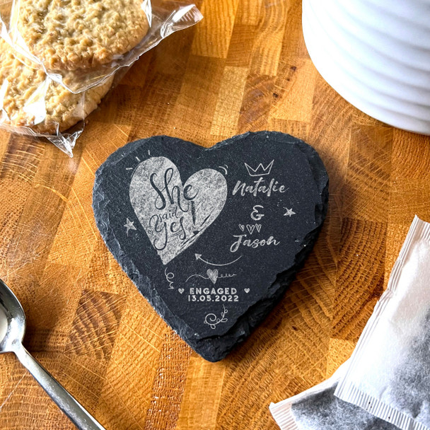 Heart Slate She Said Yes Engagement Date Doodles Gift Personalised Coaster