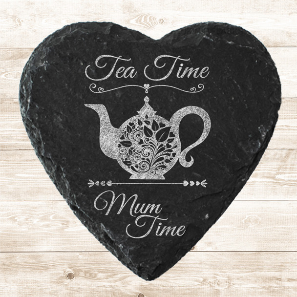 Heart Slate Tea Time Mum Time Floral Pot Mother's Day Gift Personalised Coaster