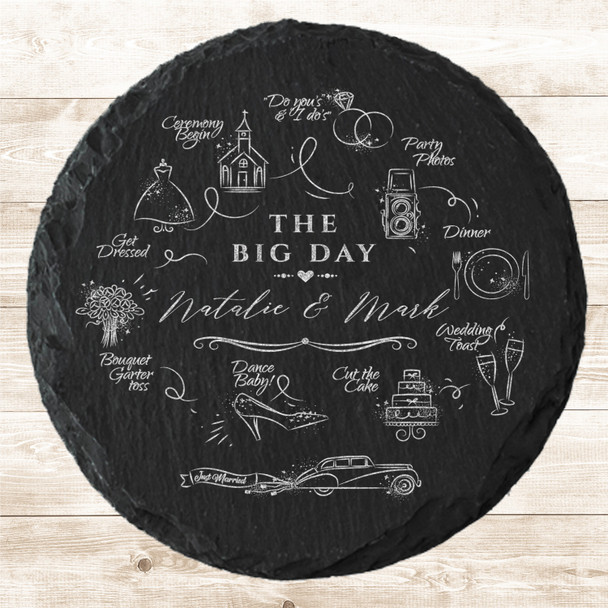 Round Slate The Big Day Wedding Timeline Icons Love Gift Personalised Coaster
