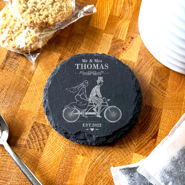 Round Slate Vintage Bride Groom Tandem Wedding Day Gift Personalised Coaster