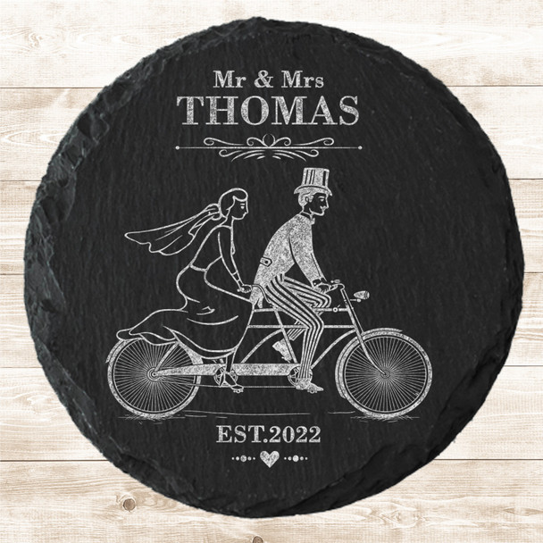 Round Slate Vintage Bride Groom Tandem Wedding Day Gift Personalised Coaster