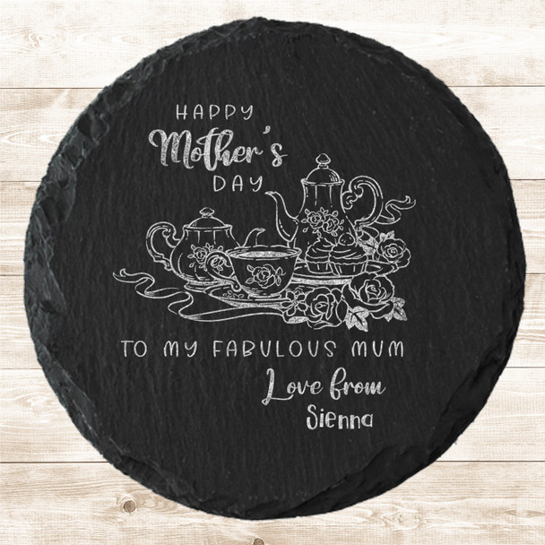 Round Slate Style Teapot Set Floral Happy Mother's Day Gift Personalised Coaster