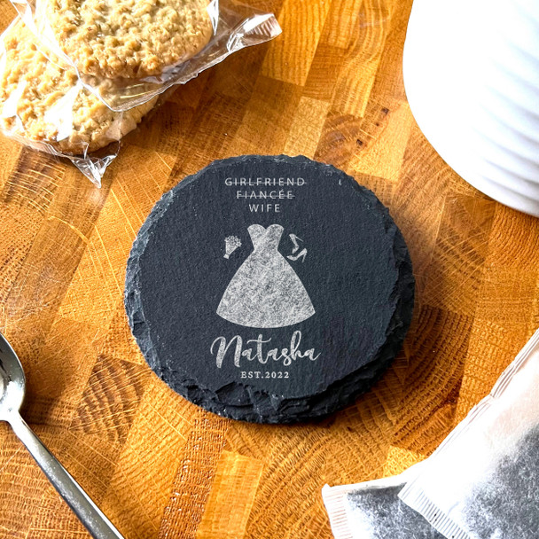 Round Slate Wife Wedding Day Dress Floral Bouquet Gift Personalised Coaster