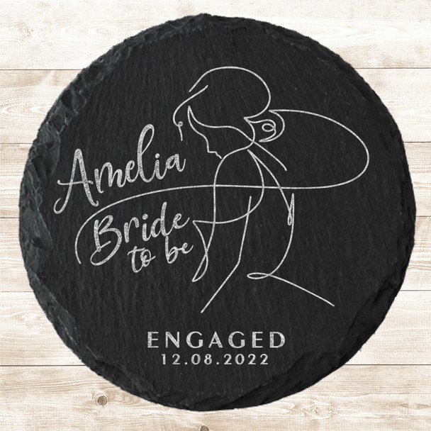 Round Slate Bride To Be Line Art Style Engagement Date Gift Personalised Coaster