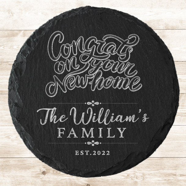 Round Slate Congrats On Your New Home Family Name Gift Personalised Coaster