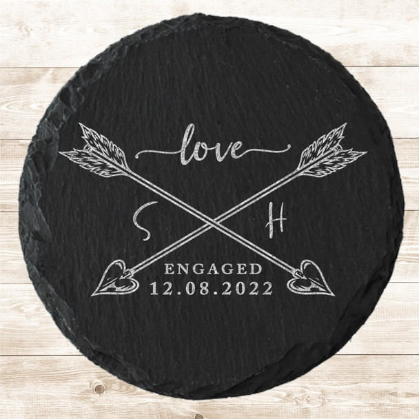 Round Slate Cupid Arrows Love Initials Engagement Date Gift Personalised Coaster