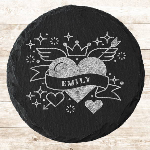 Round Slate Angel Crown Sparkles Valentine's Day Gift Personalised Coaster