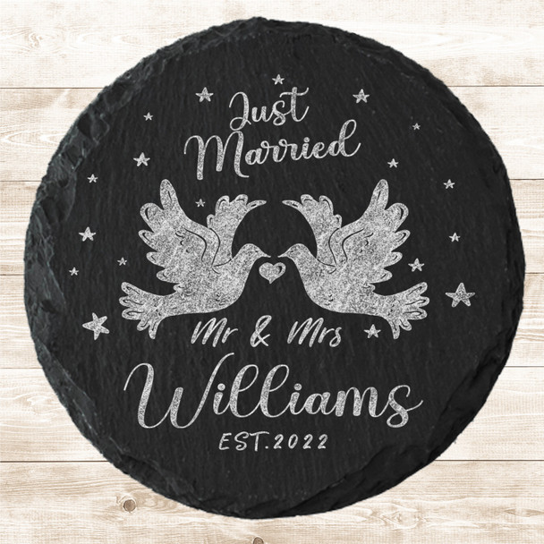 Round Slate Doves Just Married Newlyweds Wedding Day Gift Personalised Coaster