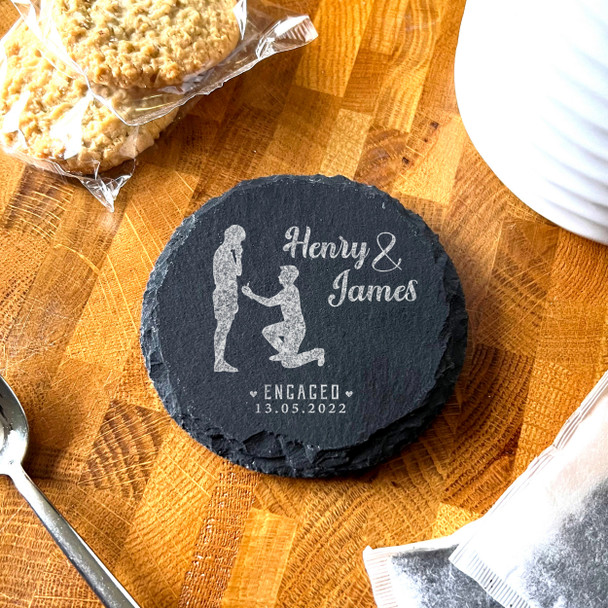Round Slate Engagement Proposal Gay Couple Hearts Gift Personalised Coaster